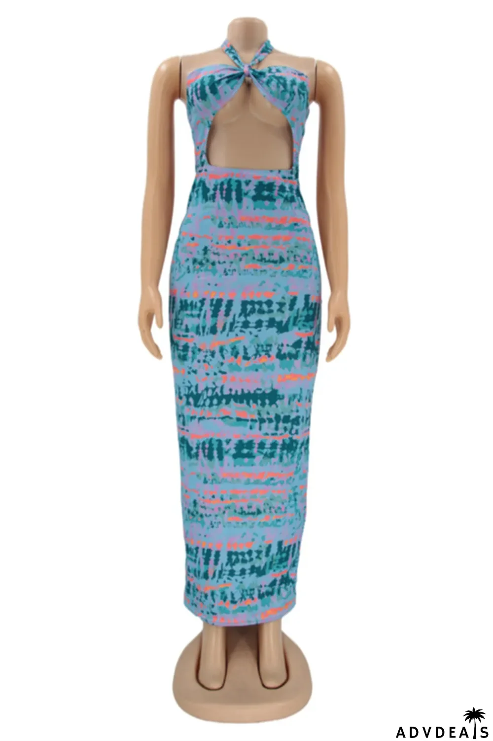 Blue Fashion Sexy Print Hollowed Out Backless Strapless Sleeveless Dress
