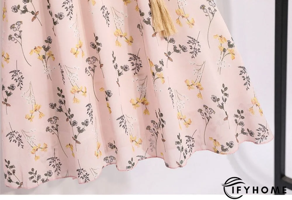 Spring Summer Chiffon Women V-Neck Floral Print Short Dresses Sweet Ruffle Sleeeve Slim Drawstring Ladies Dress | IFYHOME