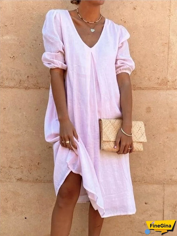 XIEYINSHE Europe and America Cross Border Wish Cotton Linen Solid Color Fashion Medium Long Sleeve Long Casual Mid-Length Dress