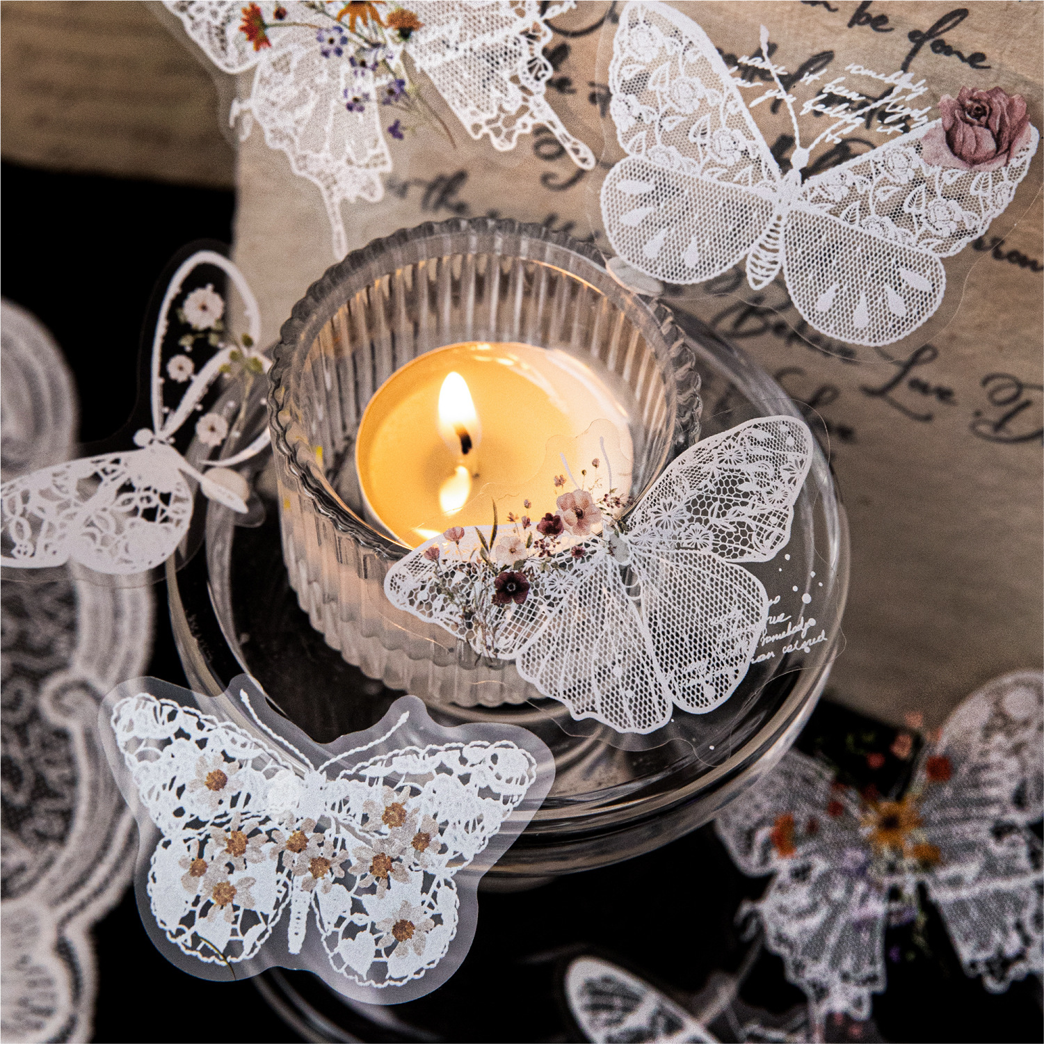 PET 스티커 - 레이스 댄스 시리즈 빈티지 레이스 나비 꽃