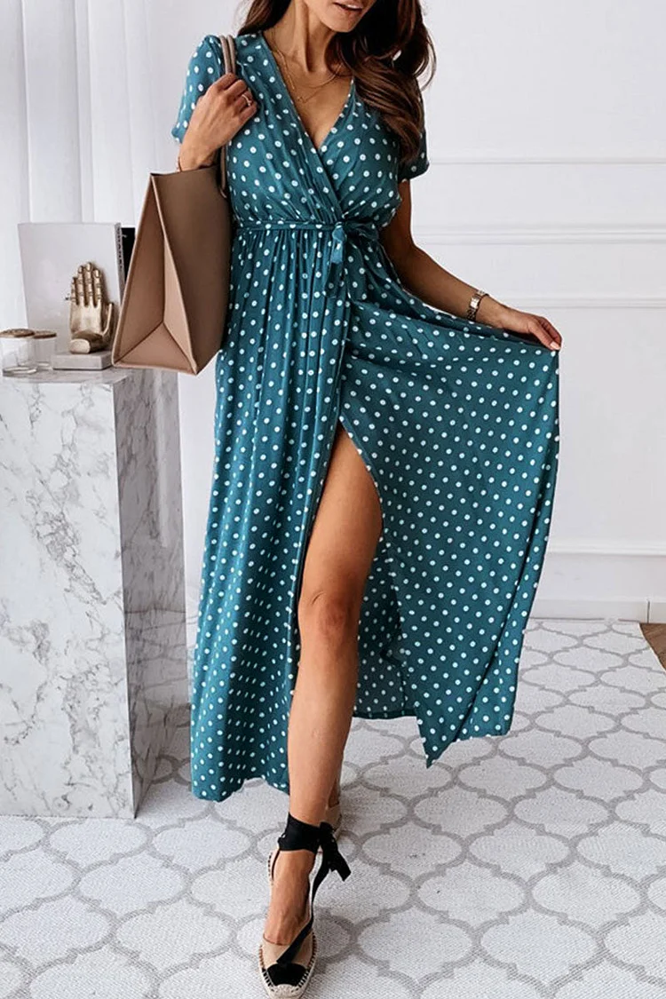 Fashion Sexy Dot Slit V Neck Printed Dresses