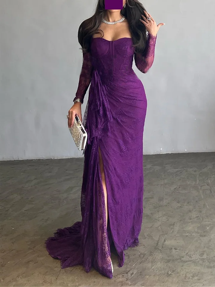 Elegant and Sexy Square Neck Lace Floor-length Dress