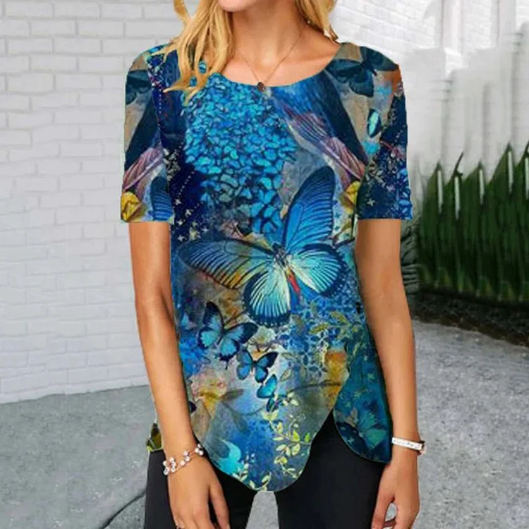 Casual Short Sleeve Butterfly Print Vintage T-Shirt