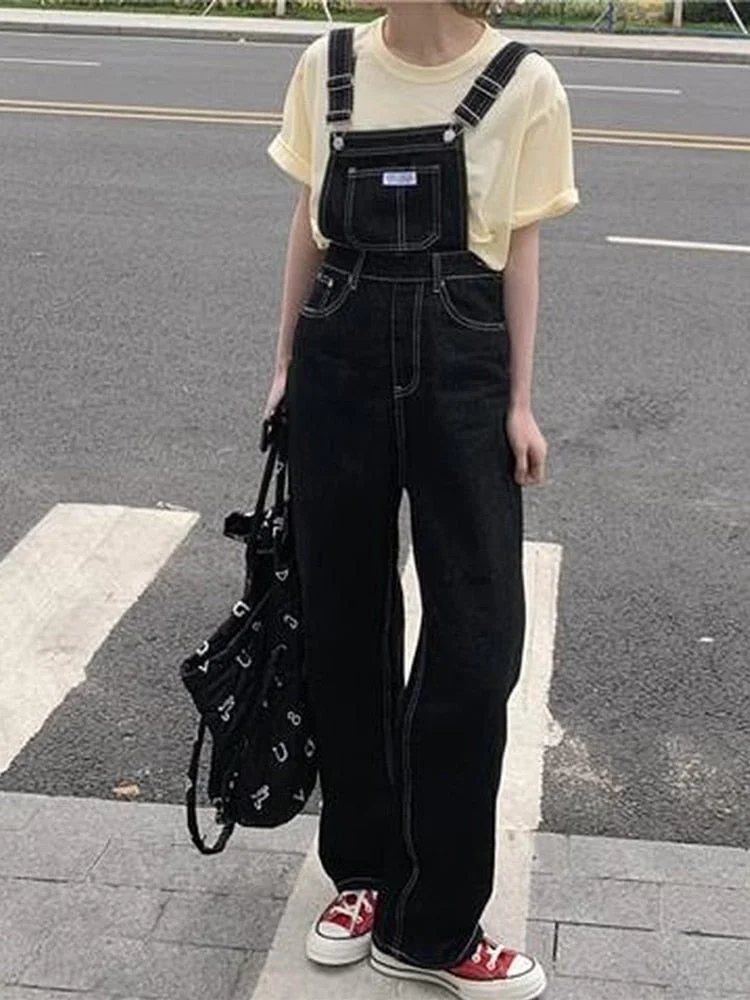 QWEEK Korean Fashion Denim Overalls Jumpsuits Women Black Baggy Jeans Oversize Wide Leg Pants Pockets Female Casual Trousers