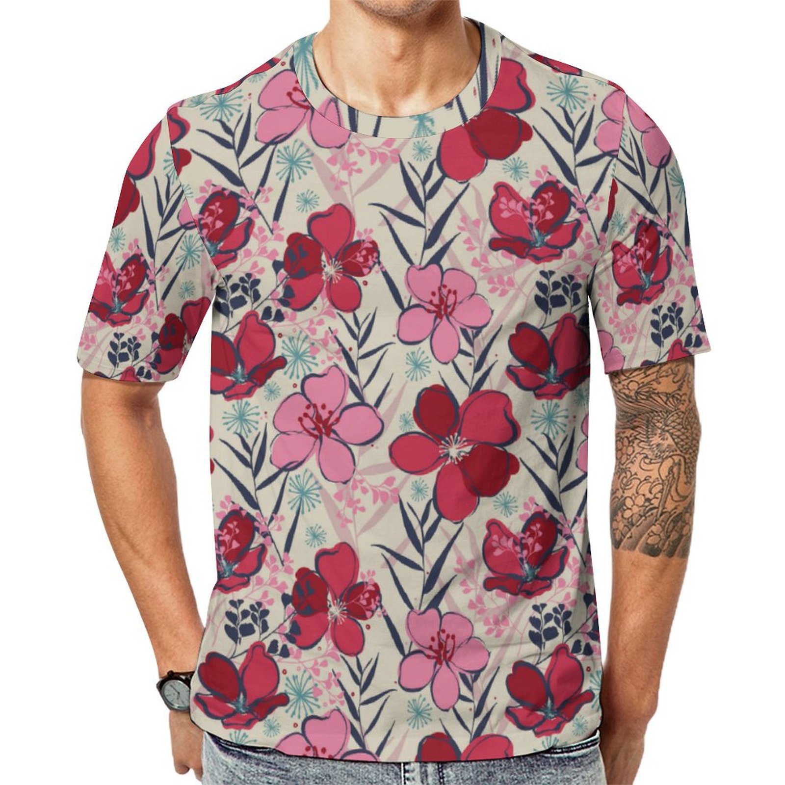 Elegant Pink And Red Bloom Floral Short Sleeve Print Unisex Tshirt Summer Casual Tees for Men and Women Coolcoshirts