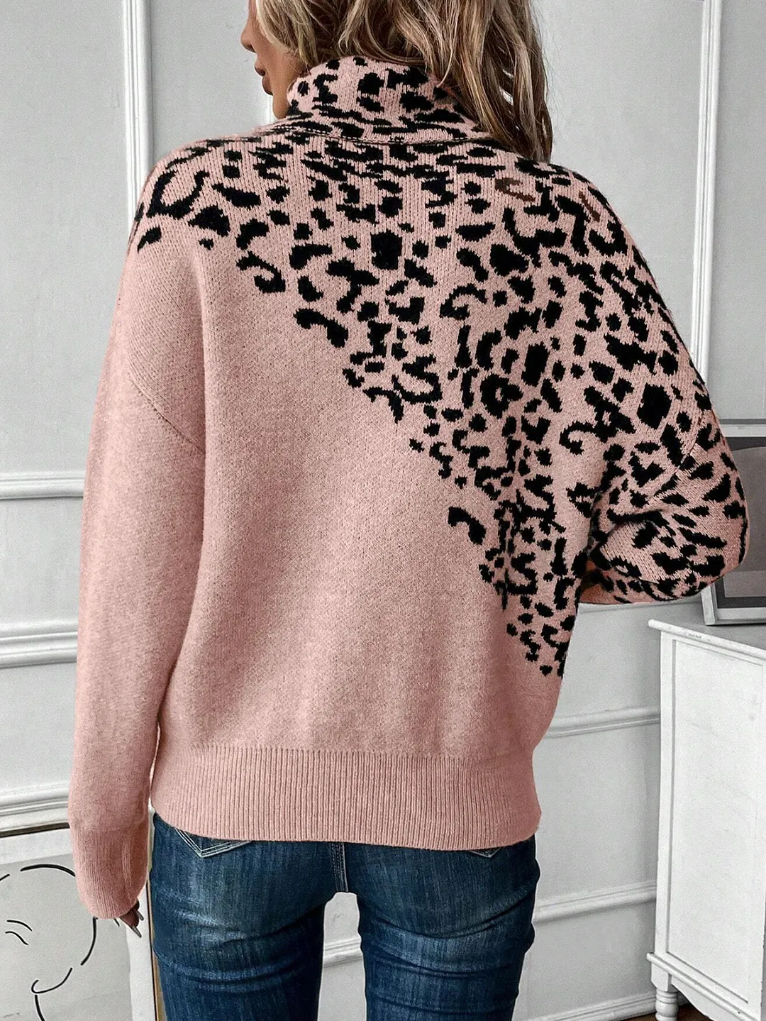 Nigikala Nigikala And Winter New Jacket Sweater High-Necked Leopard Long-Sleeved Loose Fashion Casual Knitwear
