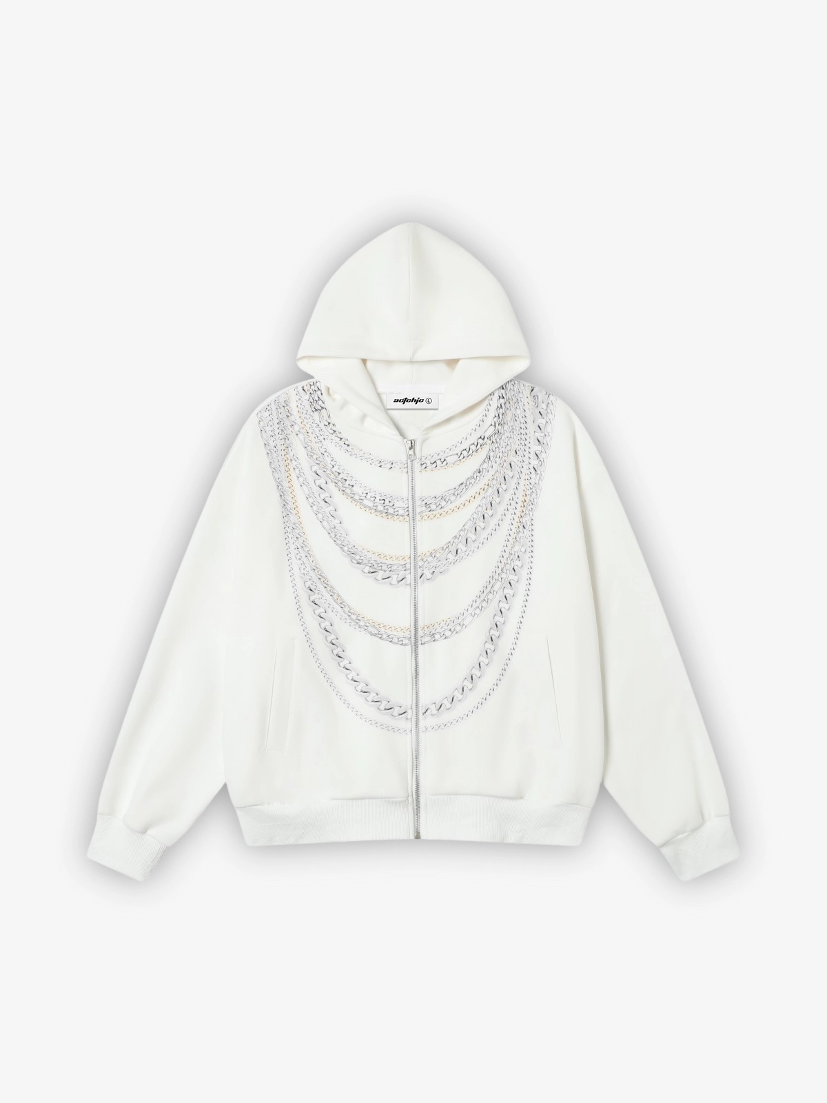 White Actchic Chain Print Zip Up Hoodie Front