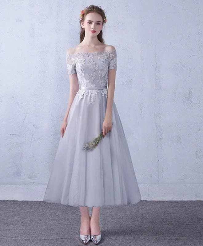 Gray Tulle Lace Tea Length Prom Dress, Gray Bridesmaid Dress