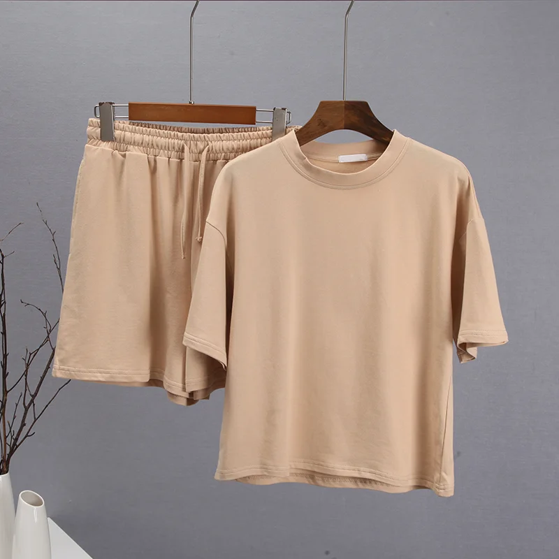 Brownm Summer 100% Cotton Sets Women 2022 New Casual Loose Two Pieces Short Sleeve T Shirts and High Waist Short Pants Suits