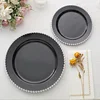 10 Pack | 10" Black / Silver Beaded Rim Plastic Dinner Plates, Disposable Round Party Plates