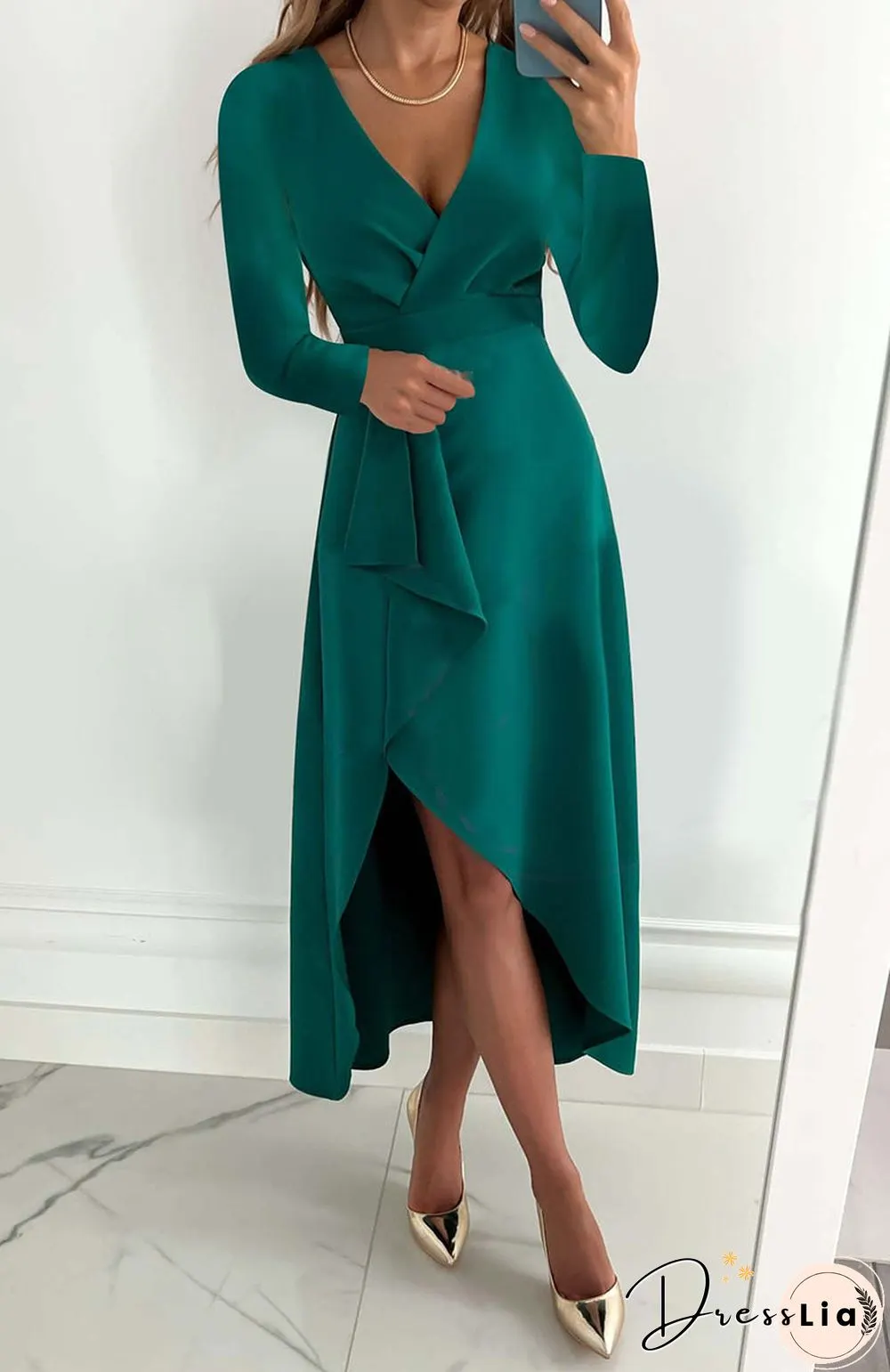 Fashion Solid Patchwork V Neck Asymmetrical Dresses(5 Colors)