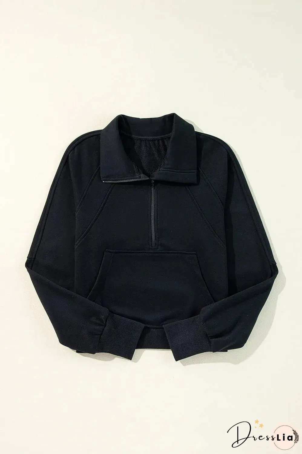 Black Quarter Zip Stand Neck Kangaroo Pocket Sweatshirt