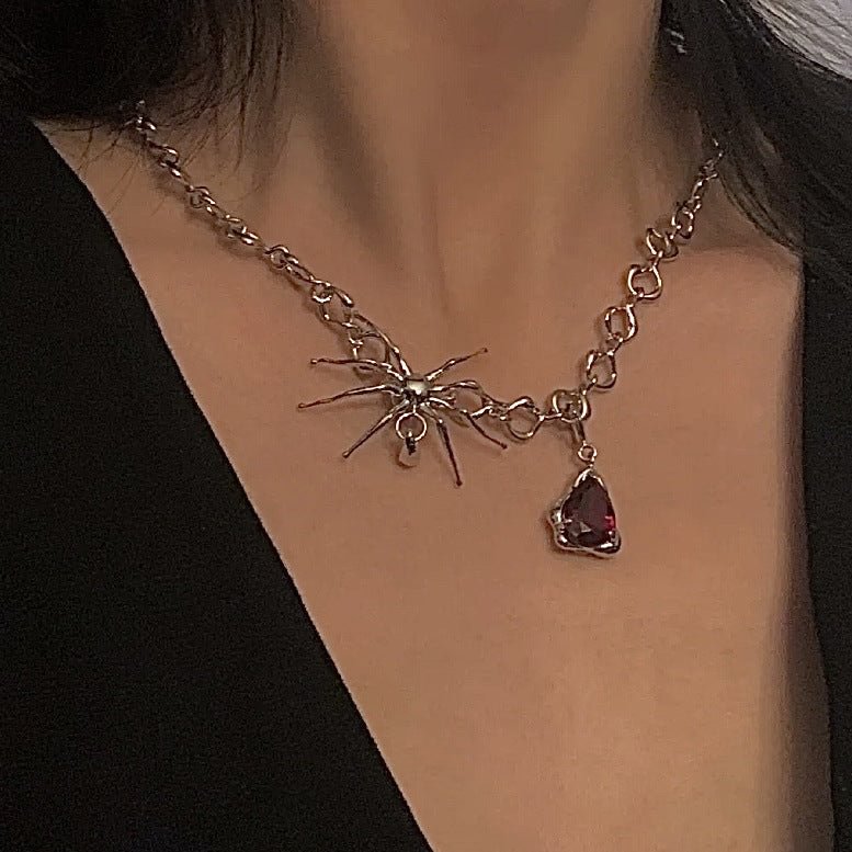 Red Gem Silver Spider Cool Pendant Necklace