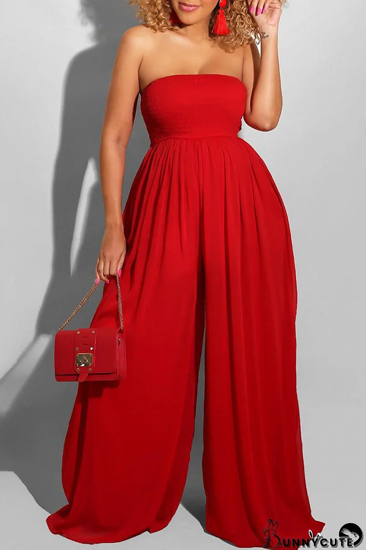 Red Sexy Casual Solid Backless Strapless Regular Jumpsuits