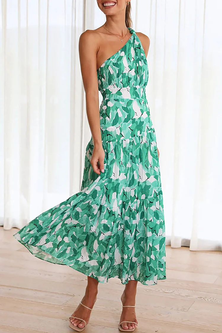 One Shoulder Boat Neck Floral Print Tiered Pleated A-line Vacation Maxi Dresses