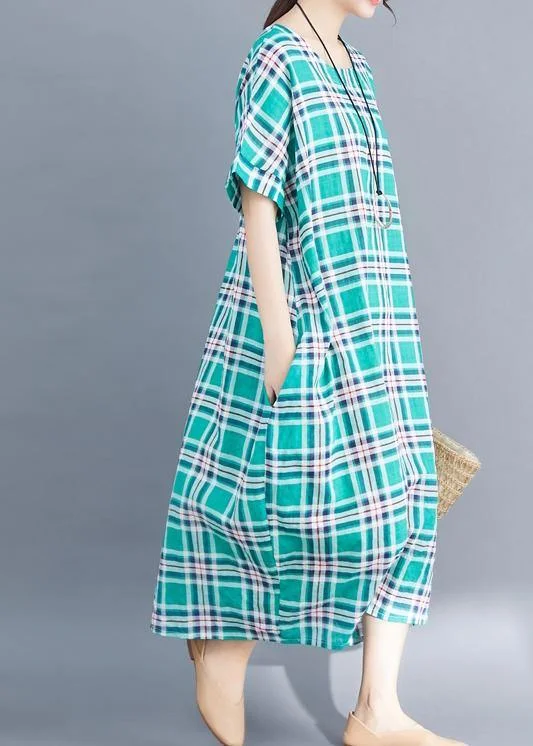 Natural green cotton clothes 2019 Sleeve plaid Plus Size Clothing summer Dress