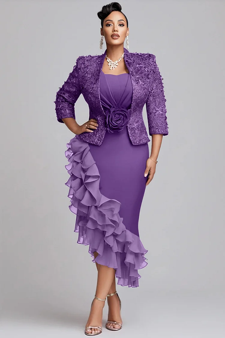 Xpluswear Design Plus Size Churchs Gold 3/4 Sleeve Ruffle Elegant 3D Two Piece Dress Set 2024 - Xpluswear