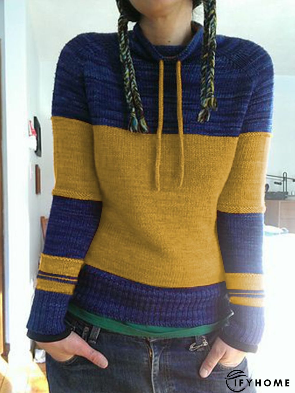 Women Color-Block Drawstring Necklline Vintage Winter Top | IFYHOME
