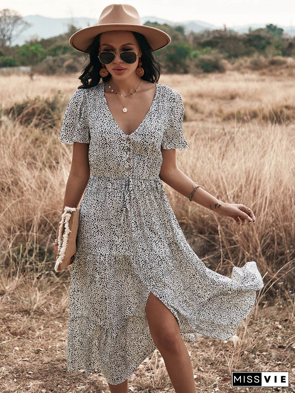 Sexy Big Swing Leopard Print Dress Spring/summer Short-sleeved Bohemian Vacation