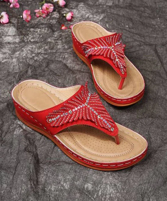 0508Red Wedge Faux Leather Soft Splicing Zircon Flip Flops Sandals