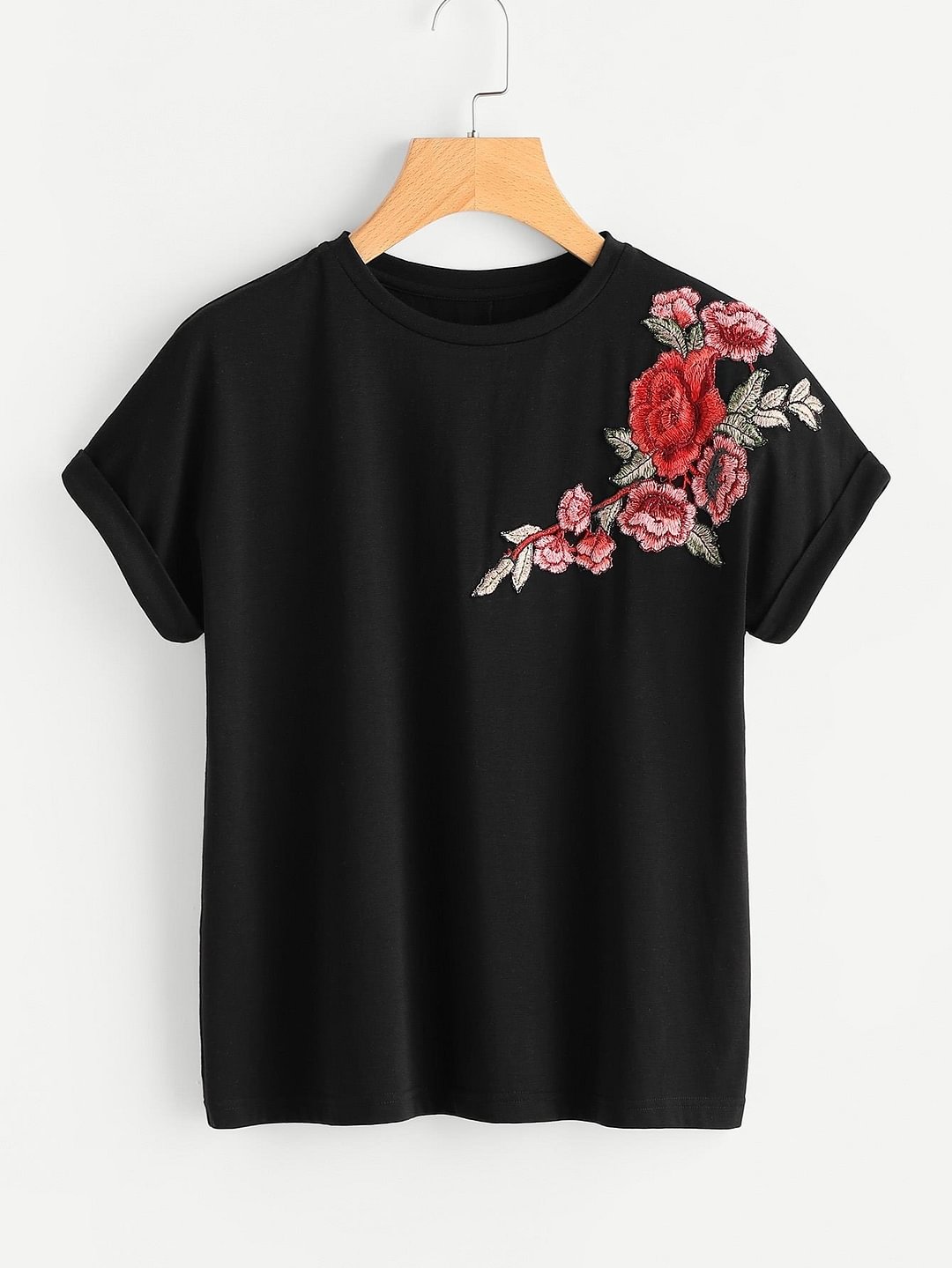 Floral Patch Cuffed Sleeve Tee