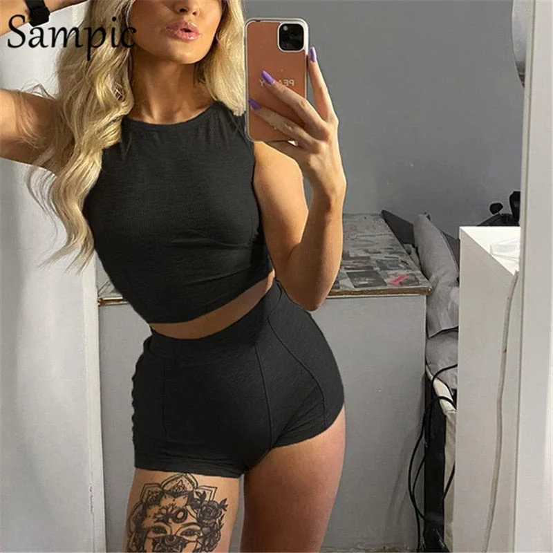 Sampic two piece sports set sexy women set skinny outfits vest crop tops and biker shorts bottom suit tracksuits summer 2020