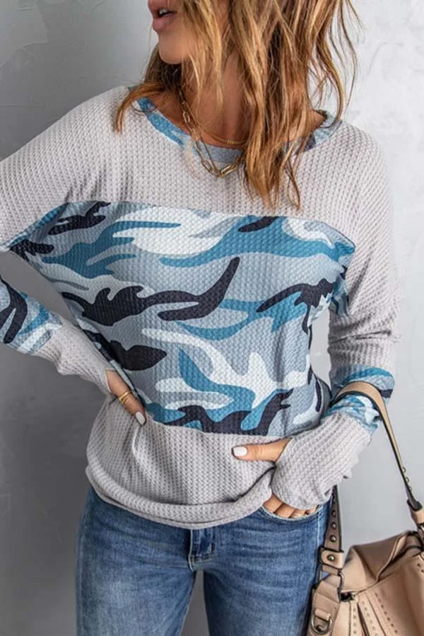 Print Splicing Waffle Knit Top