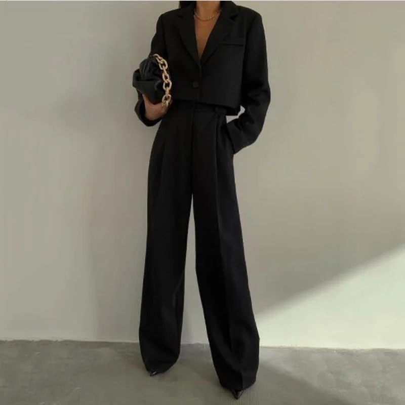 Msfancy Pant Suits Women 2022 Fashion Single Button Crop Blazer High Waist Wide Leg Trousers Fall Mujer 2 Piece Set Outfits