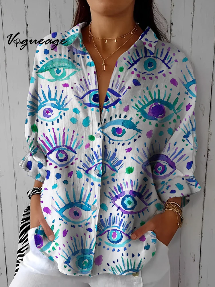 Fashion Bright Colored Eyes Printed Cotton And Linen Shirt