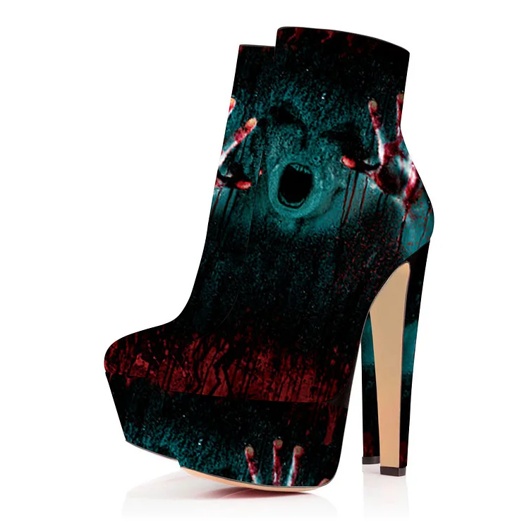 Black Platform Boots Ghost Print Ankle Boots for Halloween |FSJ Shoes