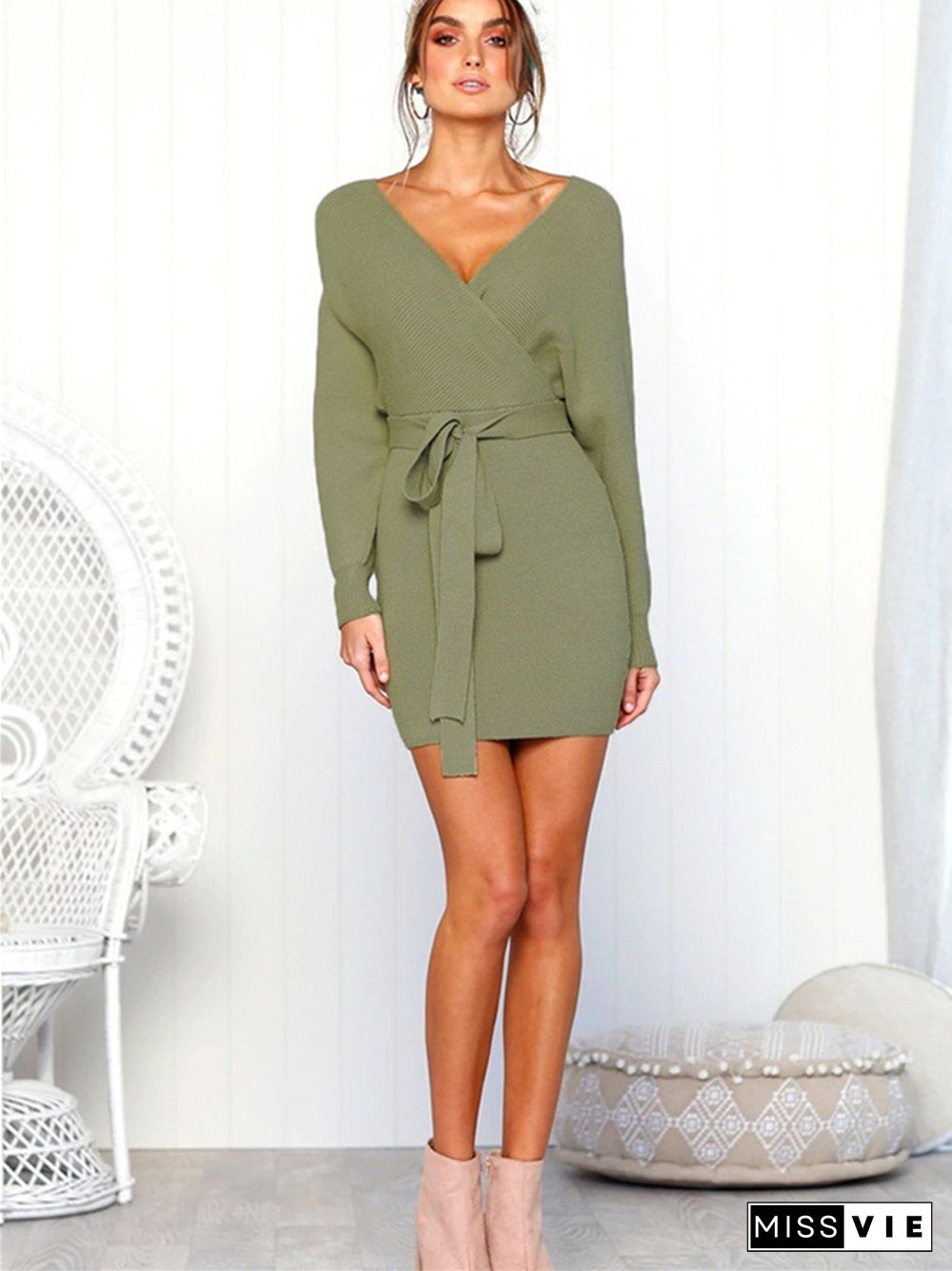 Solid Sexy Lace-up V-neck Wrapped Hip Long-sleeved Dress