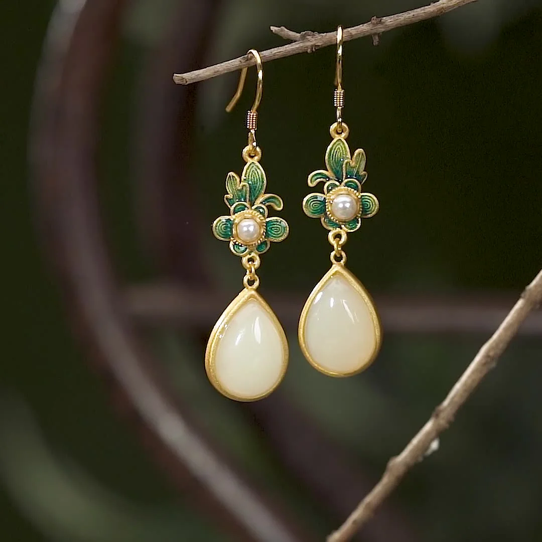 Fengshui Pearl White Jade Luck Drop Earrings