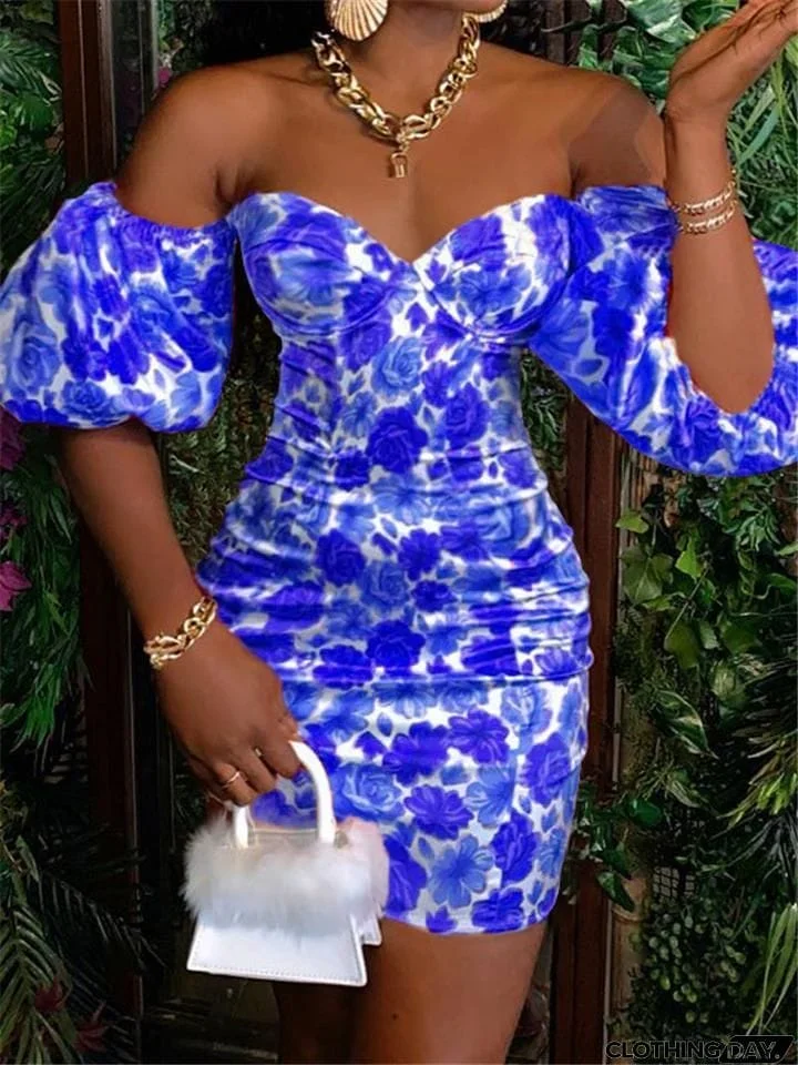 Sexy Floral Sweetheart Off Shoulder Balloon Sleeve Bodycon Mini Dress