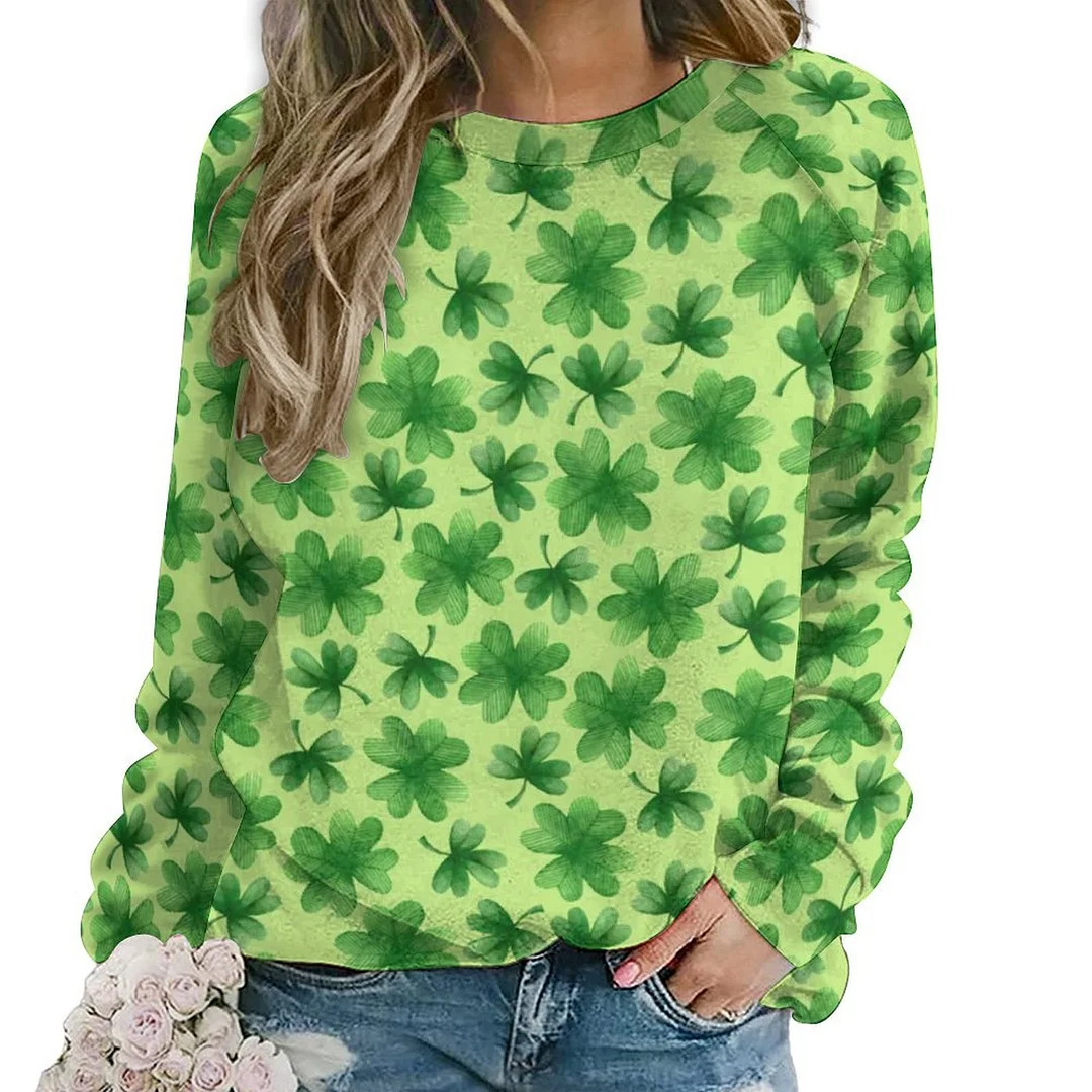 Printed Long Sleeve Casual Sweatshirt for  Women and Men Unisex Pattern St. Patrick's Day, Green, Clover, Lucky