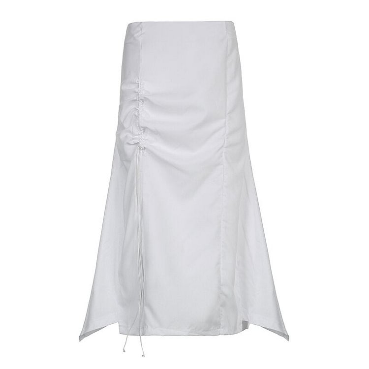 Sweetown White Front Shirring Drawstring Casual Long Skirts Womens Back Pockets Streetwear Low Waist Loose Preppy Cargo Skirt