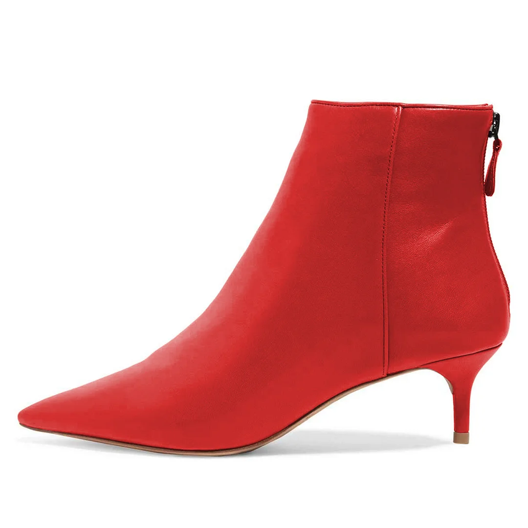 Red Vegan Leather Pointed Toe Back-Zip Kitten Heel Classy Ankle Boots