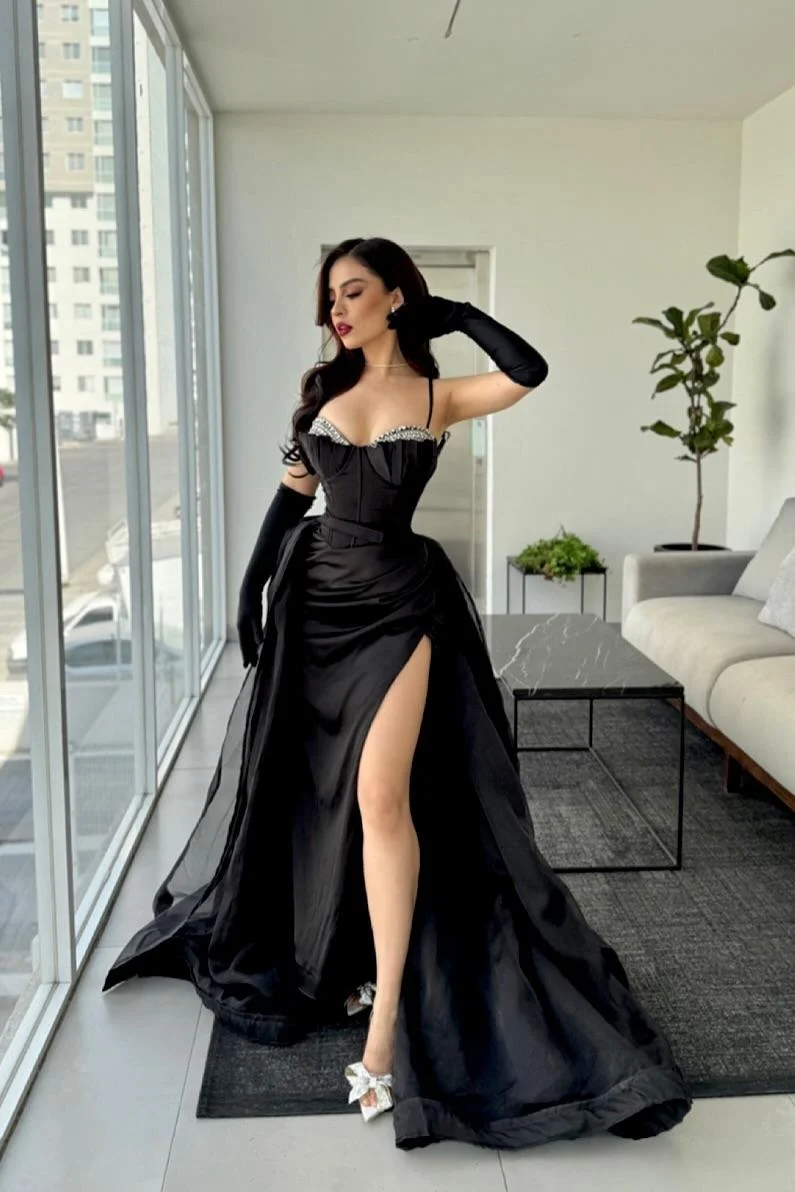 Miabel Charming Black Satin Halter Sweetheart Sleeveless Beaded Split Prom Dress with Gloves 