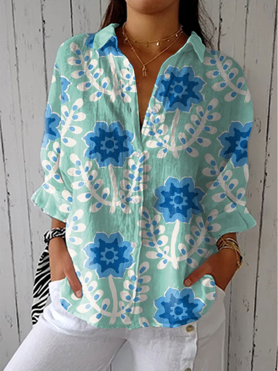 Women's Vintage Floral Art Print Casual Linen V-neck Shirt