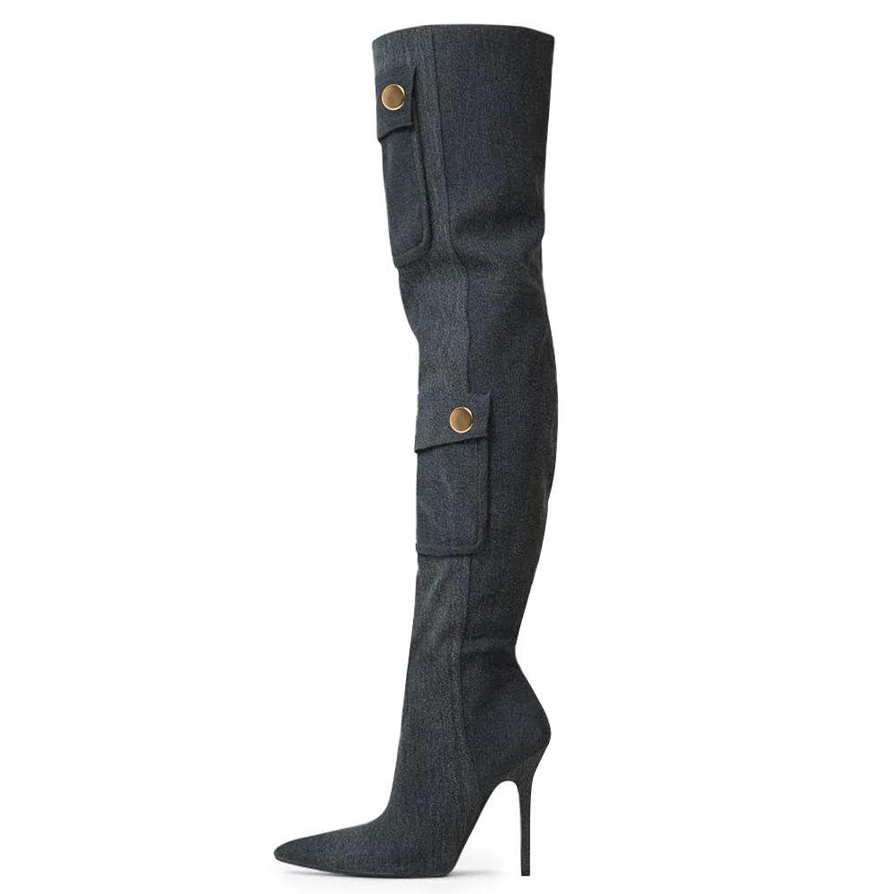Black Pocket Design Over Knee Boots Pointed Toe Stiletto High Boots Nicepairs