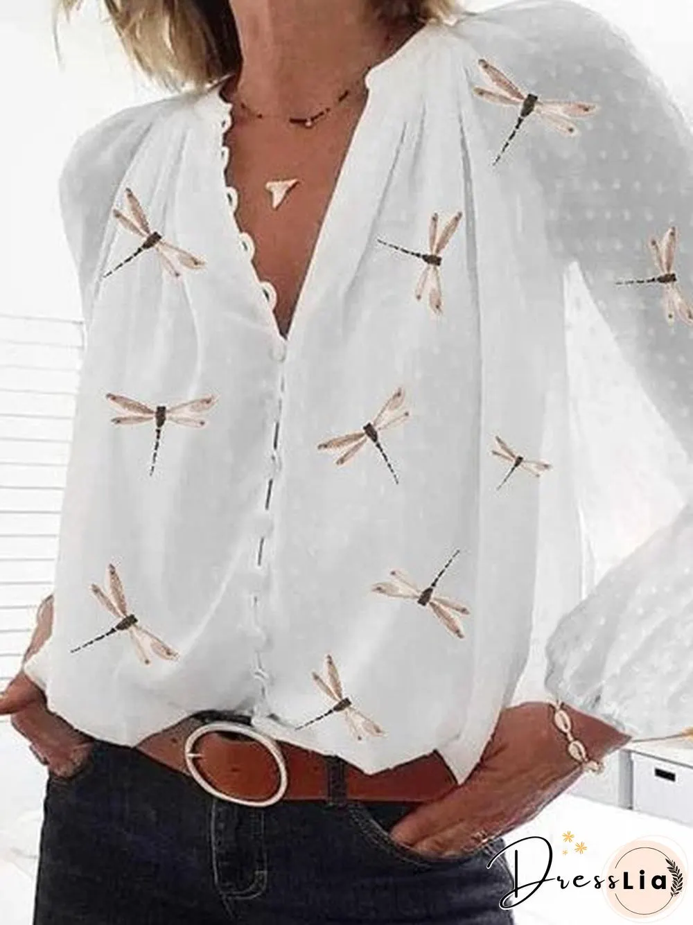 Women Casual Chiffon Floral Long Sleeve V Neck Blouse