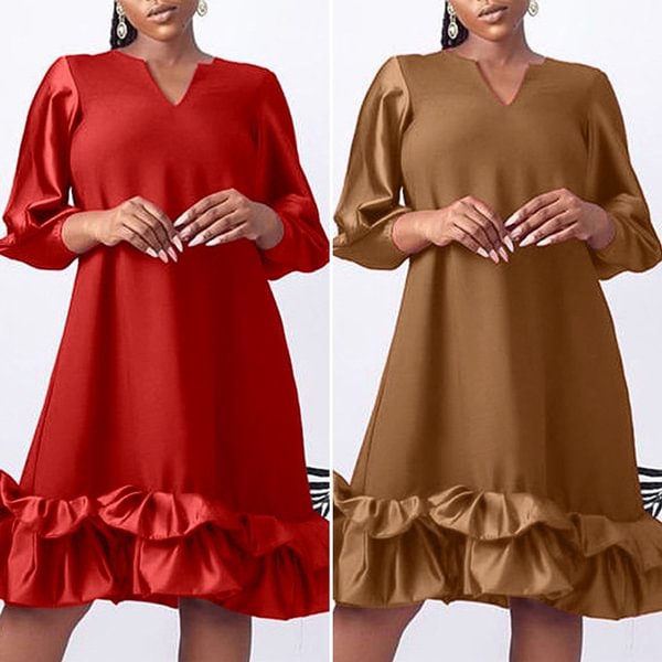 Women Vintage Streetwear Solid Color Ruffle Dress Puff Sleeve V-Neck Dress Plus Size Loose Prom Short Dress - Shop Trendy Women's Fashion | TeeYours