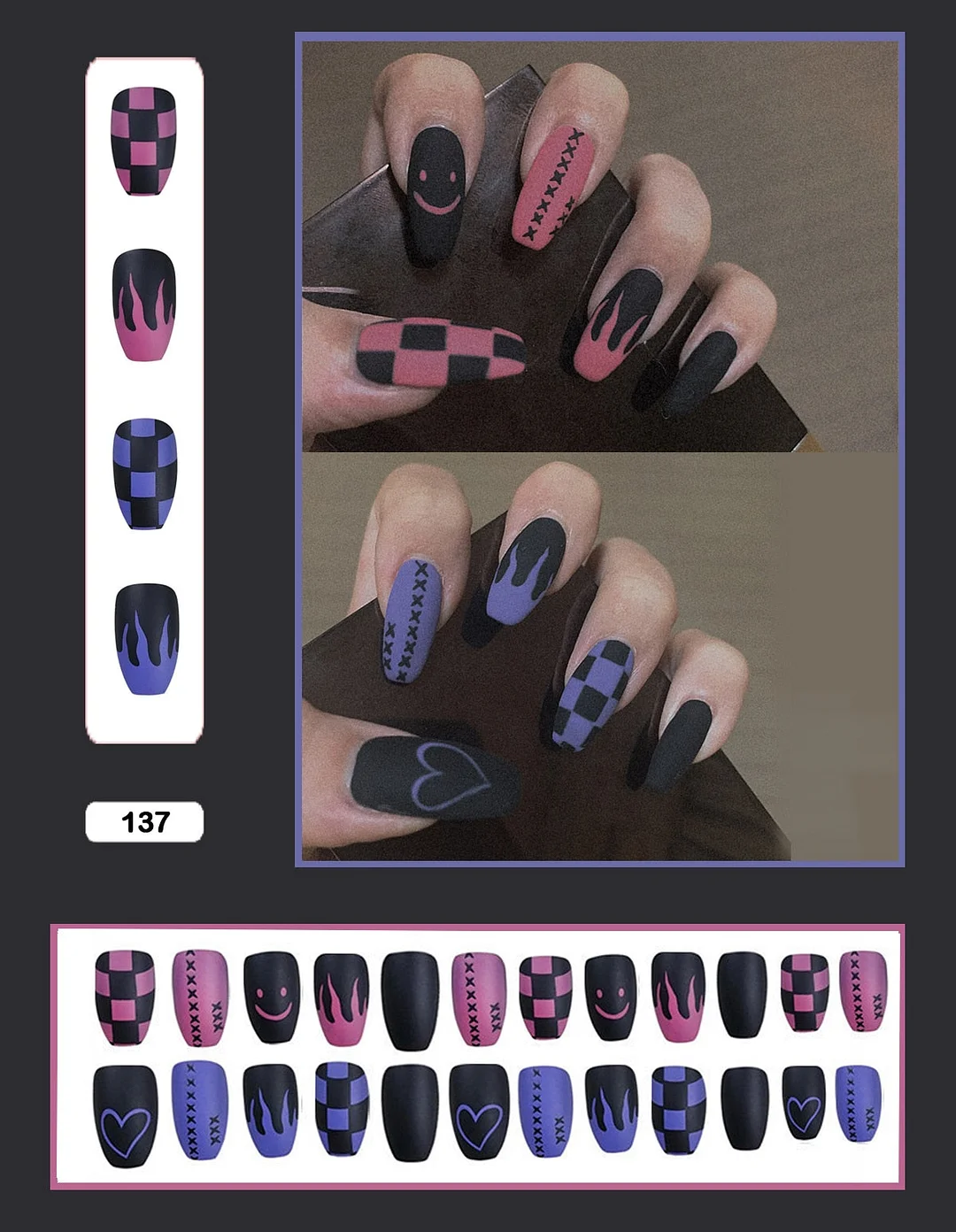 24PCS Dark Punk False Nails with Glue Gradient Long Detachable Fire Stick on Nails Skull Flame  Art DIY Fashion Manicure Tool-Nail Inspo