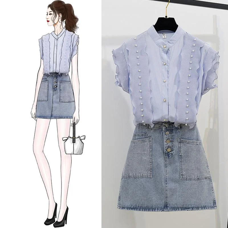 Elegant Chiffon Tee+Denim Shorts P11343