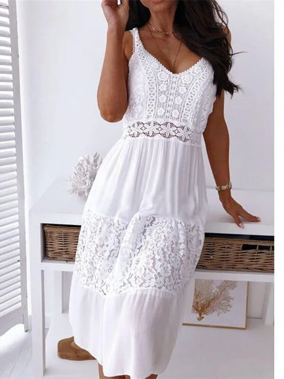 Women Dress Sleeveless V-neck Lace Stitching Midi Dress