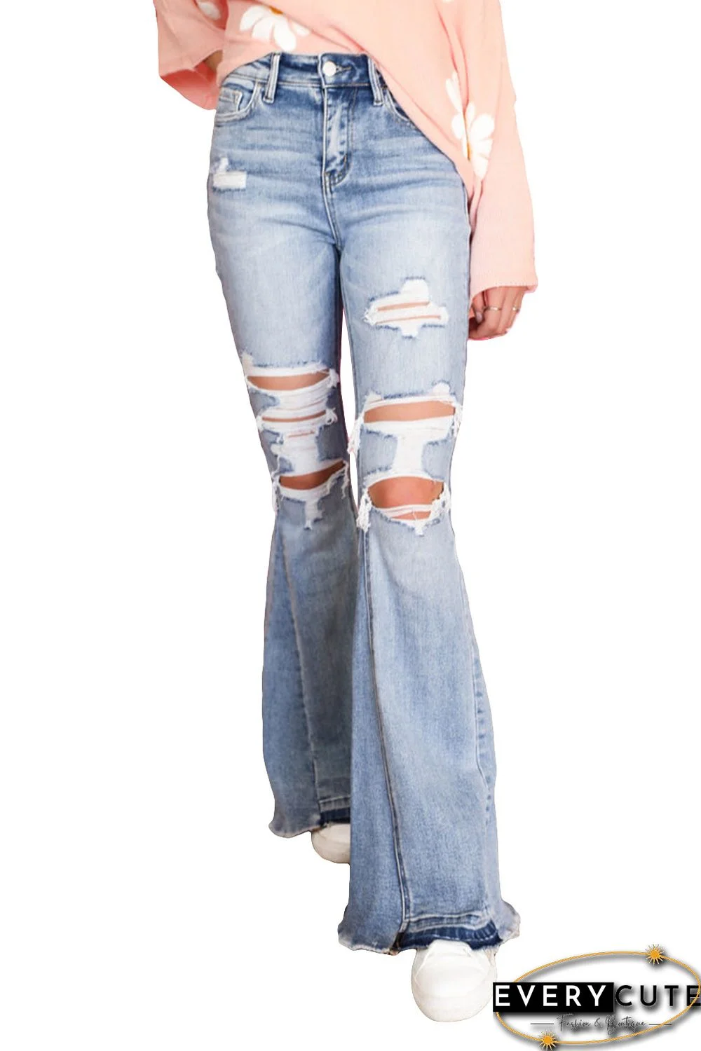 Sky Blue Light Wash Distressed High Rise Flare Jeans