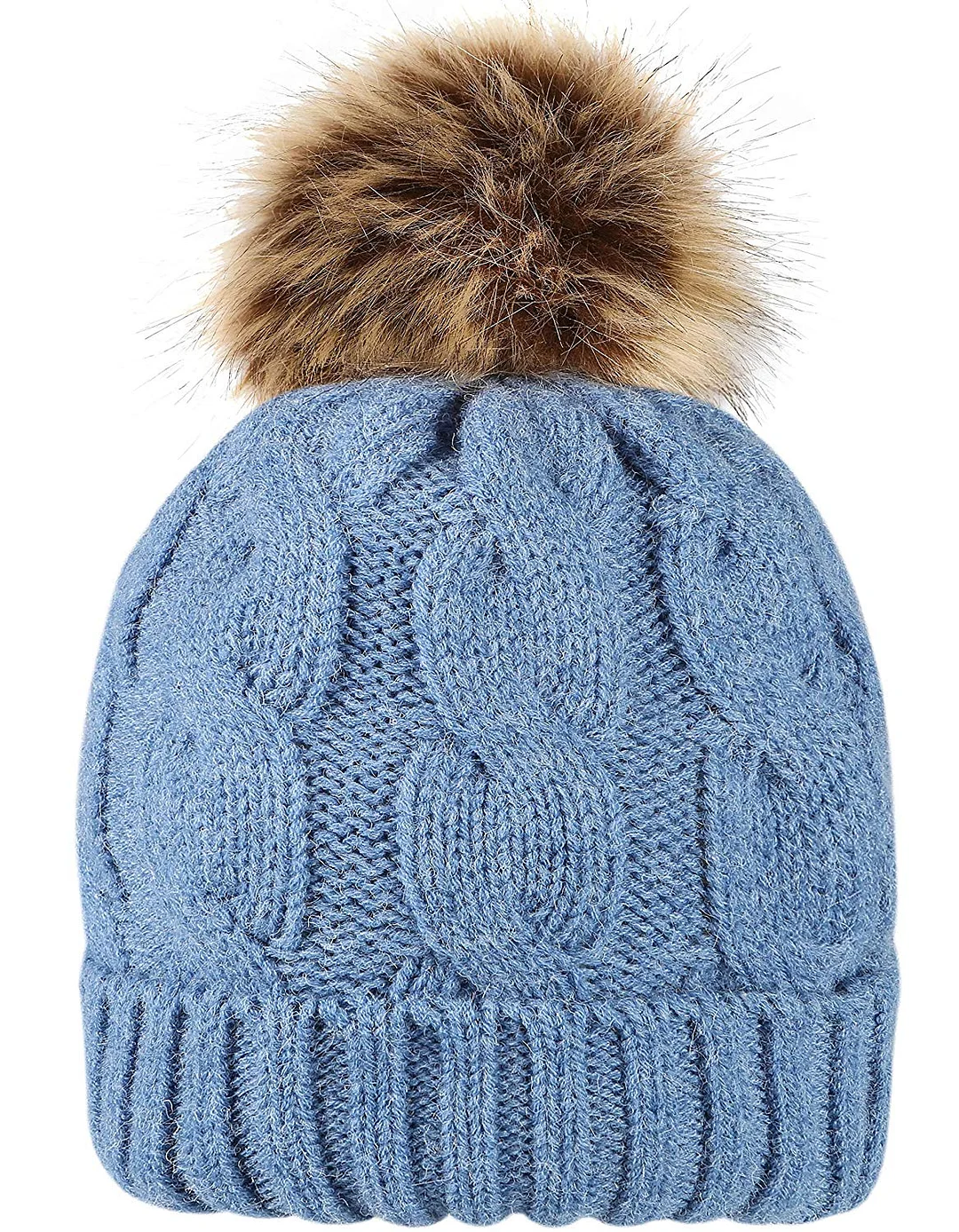 Women's Winter Ribbed Knit Faux Fur Pompoms Chunky Lined Beanie Hats