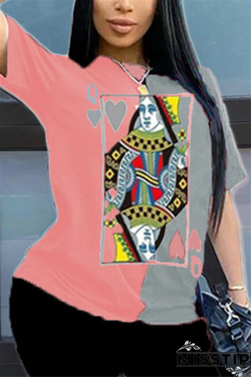 Pink gray O Neck Short Sleeve Print Tops（Without Bottoms）