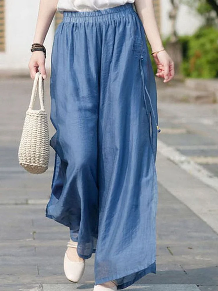 Casual Plain Elastic Waist Denim Loose Wide Leg Pants