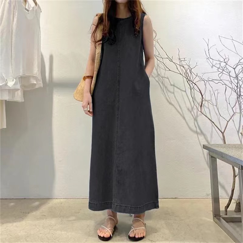 Mature Women's Summer Casual Cotton Denim Vest Plus Size Dress