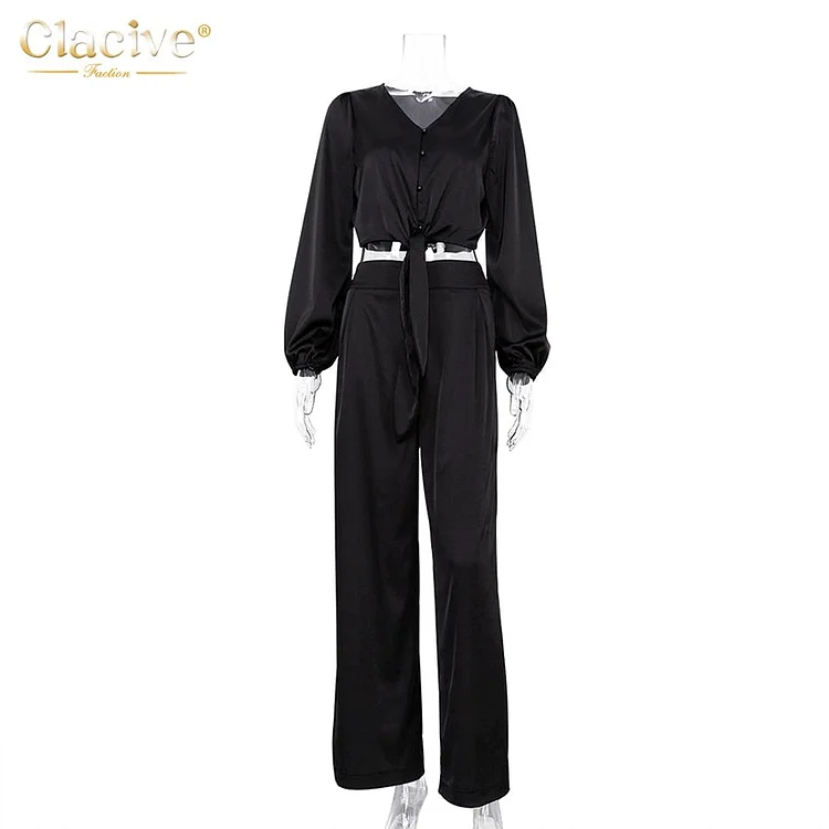 Clacive Black Satin Pants Set Women Fashion V-Neck Long Sleeve Blouse Matching Wide Trousers Suit Casual Slim Two Piece Pant Set